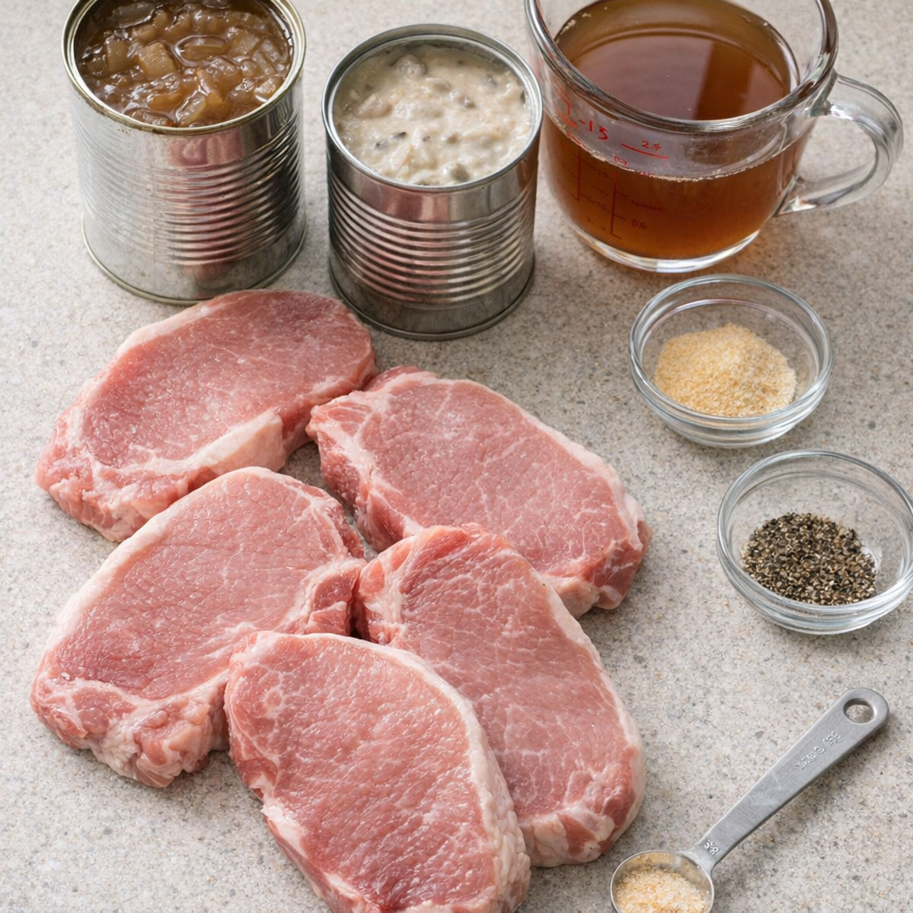 Ingredients for French onion pork chops arranged on a kitchen counter