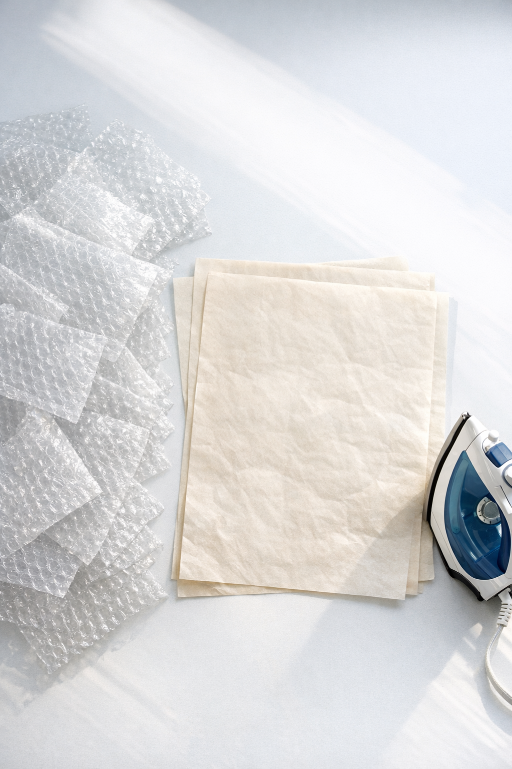 Bubble wrap, parchment paper, and an iron set out for the project
