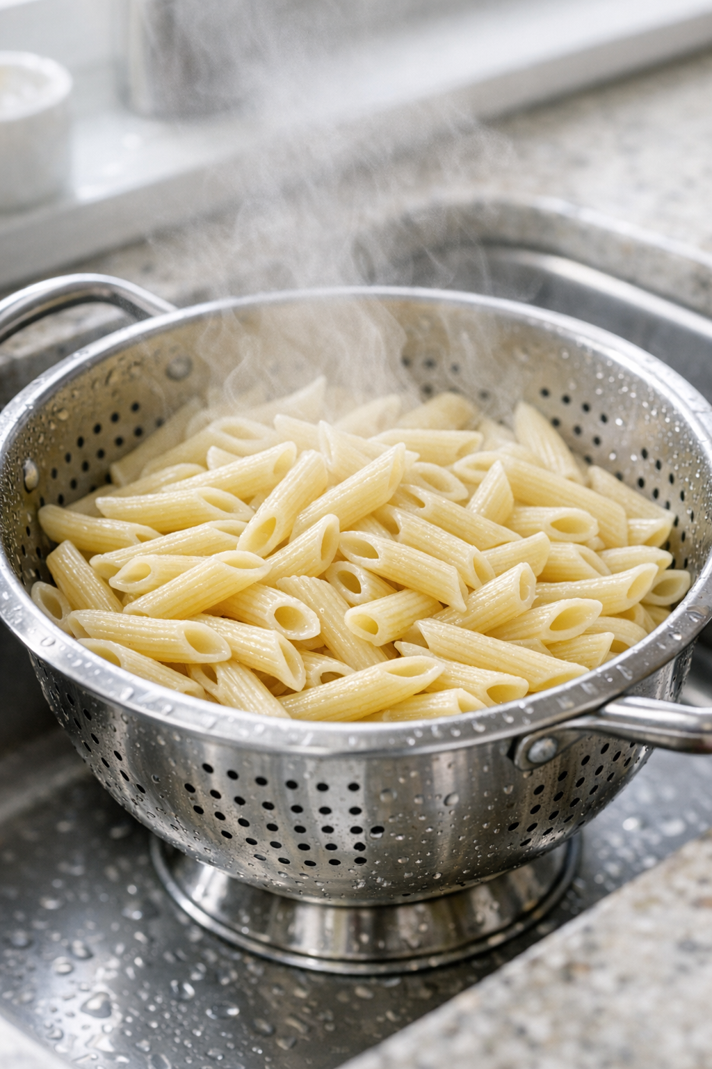 Penne just drained after boiling