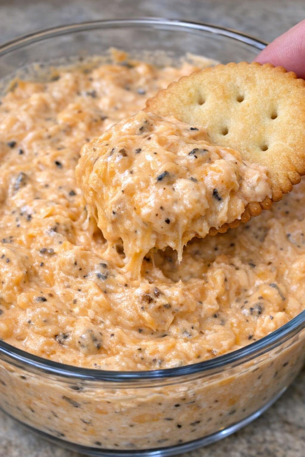 Cheddar Holloway dip in a glass bowl with a cracker scooping it