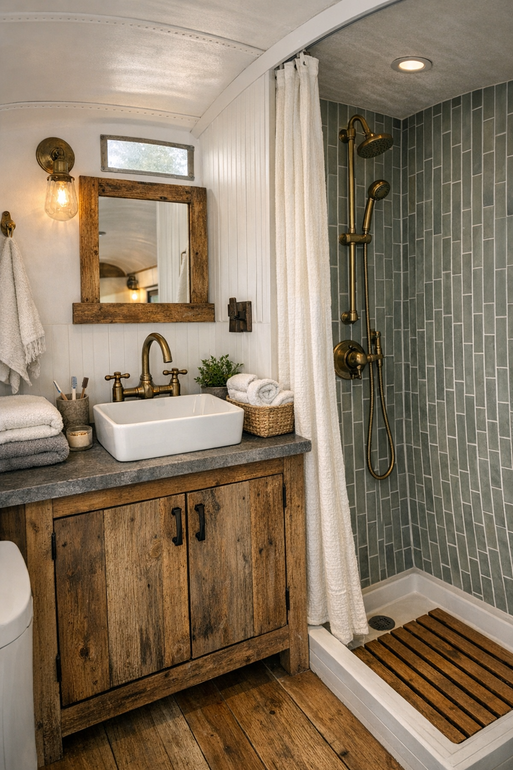 Small rustic bus bathroom with reclaimed wood vanity and gray-green tile shower