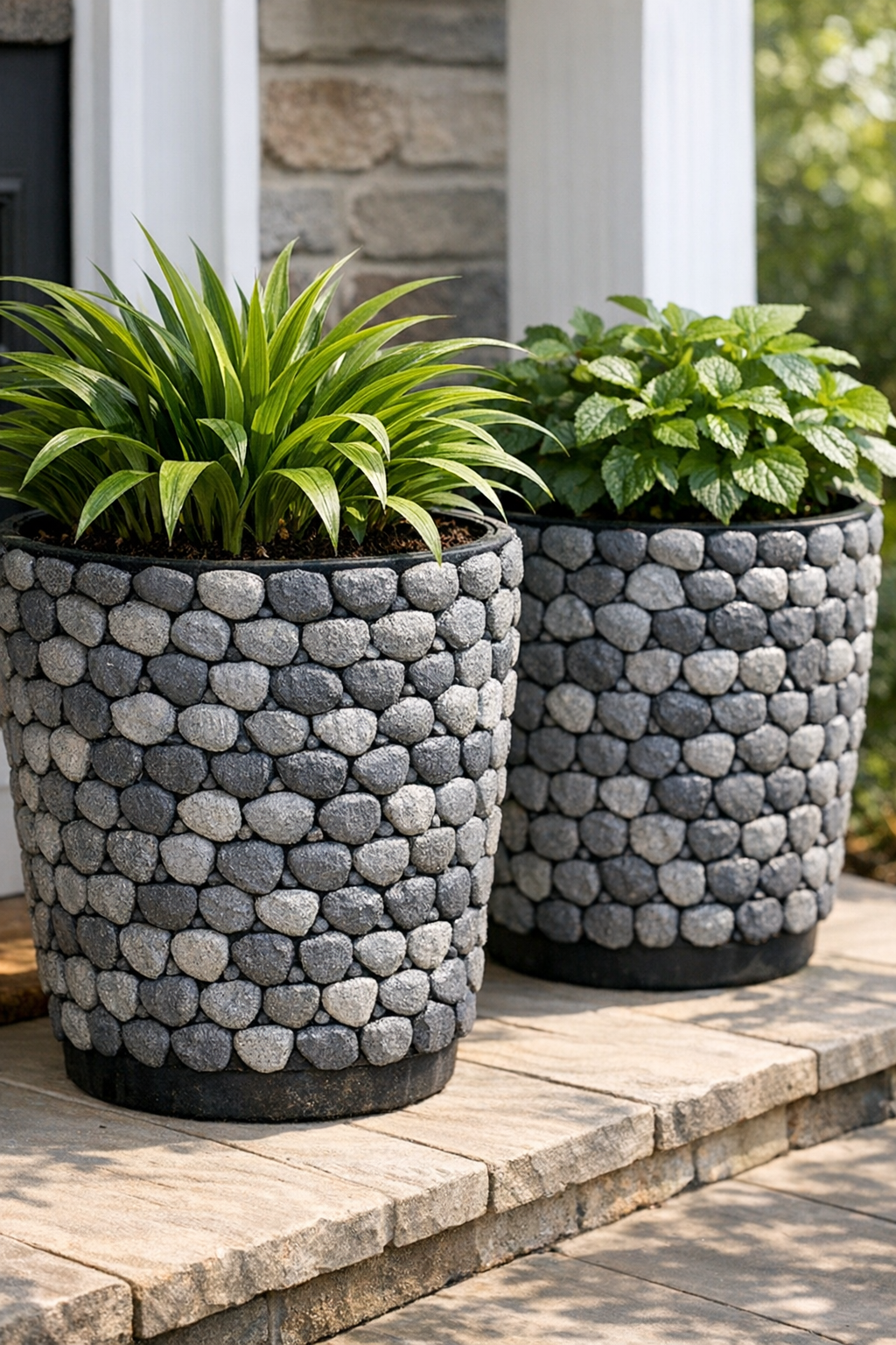 Two finished faux stone mosaic porch planters made from painted pasta shells