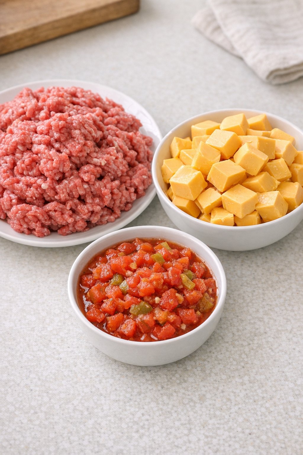 Ground beef, cubed cheese, and canned tomatoes
