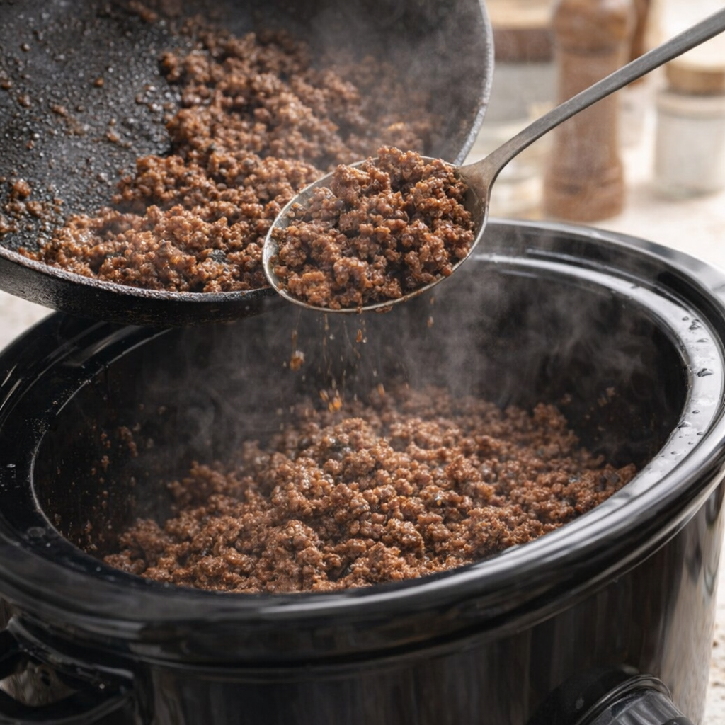 Browned ground beef being added to a slow cooker