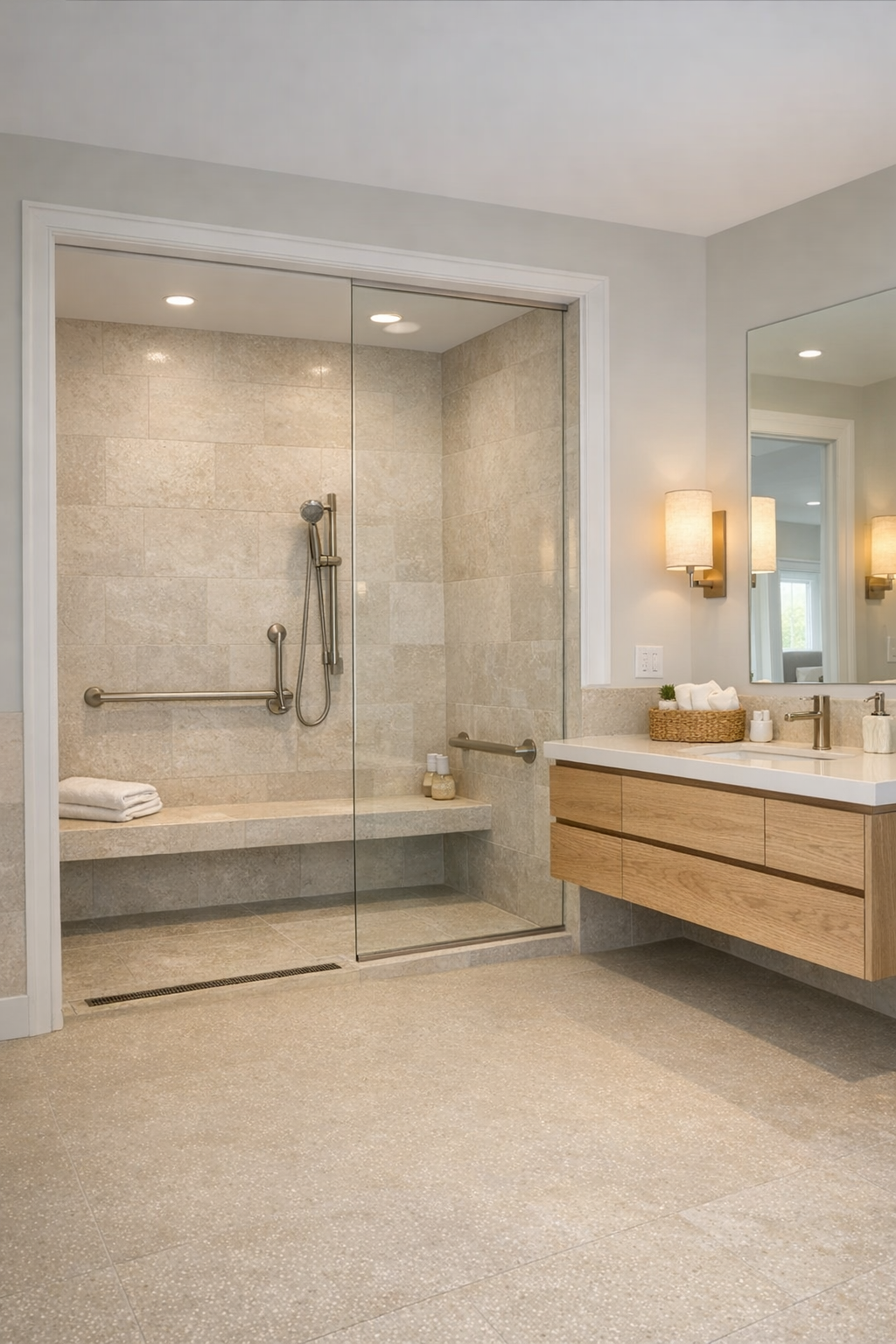 Barrier-free bathroom with curbless shower, pale stone tile, and floating oak vanity
