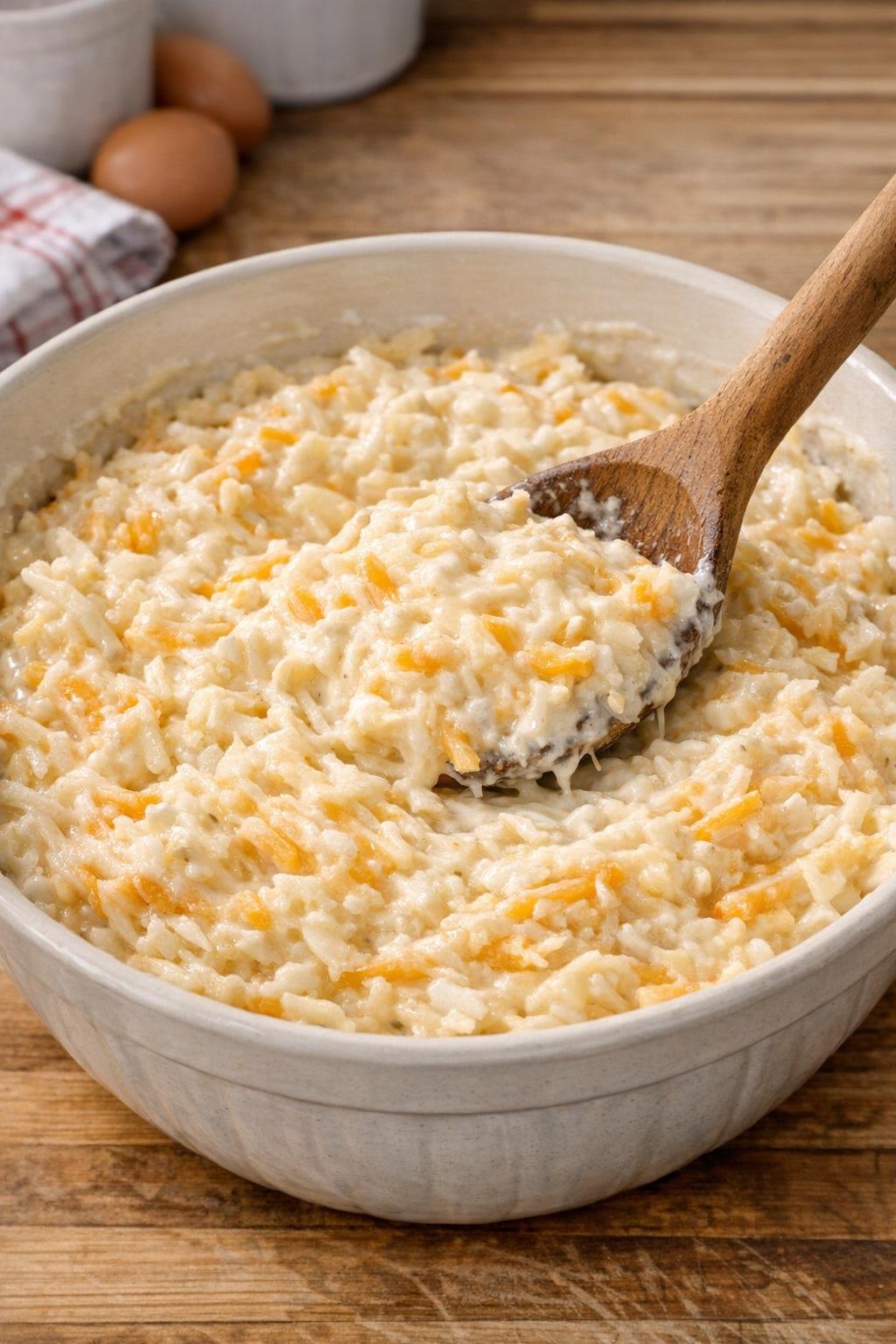 Potato casserole mixture being stirred in a bowl