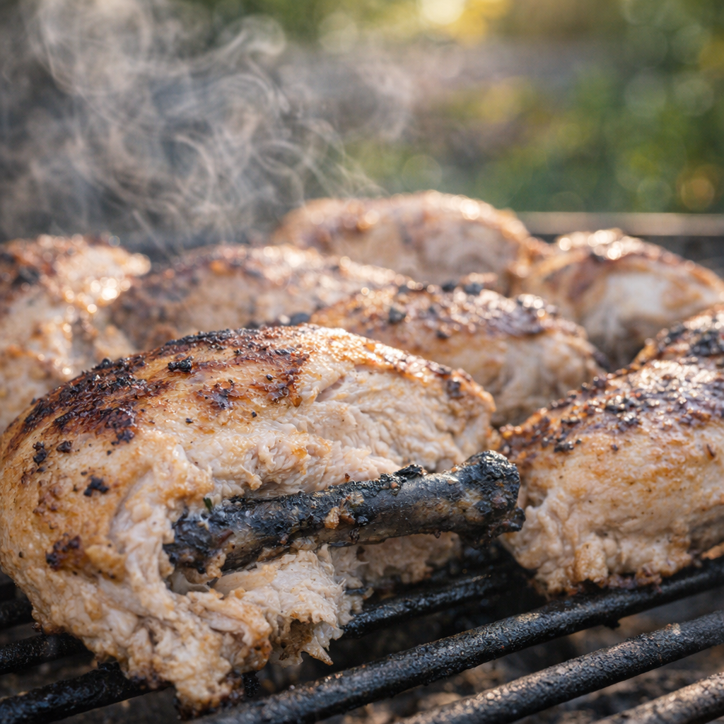 Grilled chicken pieces with char marks on an outdoor grill