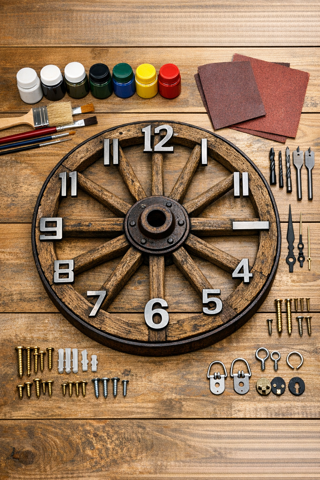 Wooden wagon wheel, metal numbers, paint, clock kit, and hardware laid out on a worktable