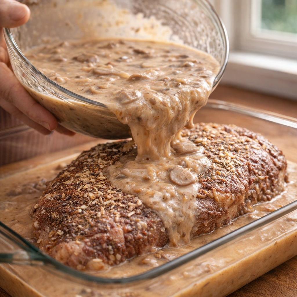 Sauce being poured over seasoned chuck roast