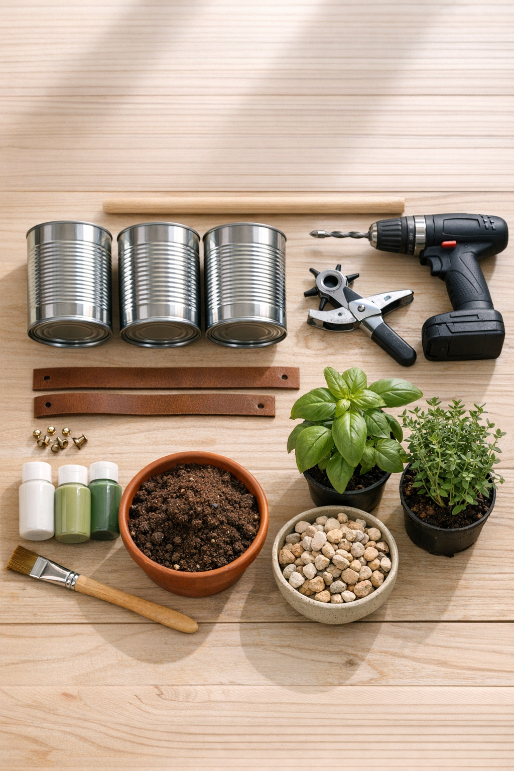 Materials for a hanging herb garden laid out neatly on a table