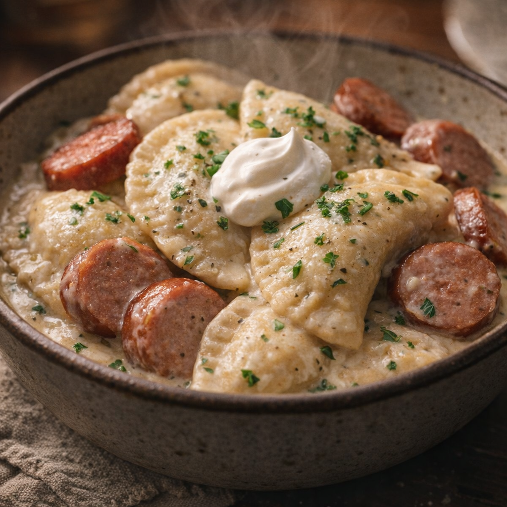 Bowl of creamy kielbasa and pierogies ready to eat