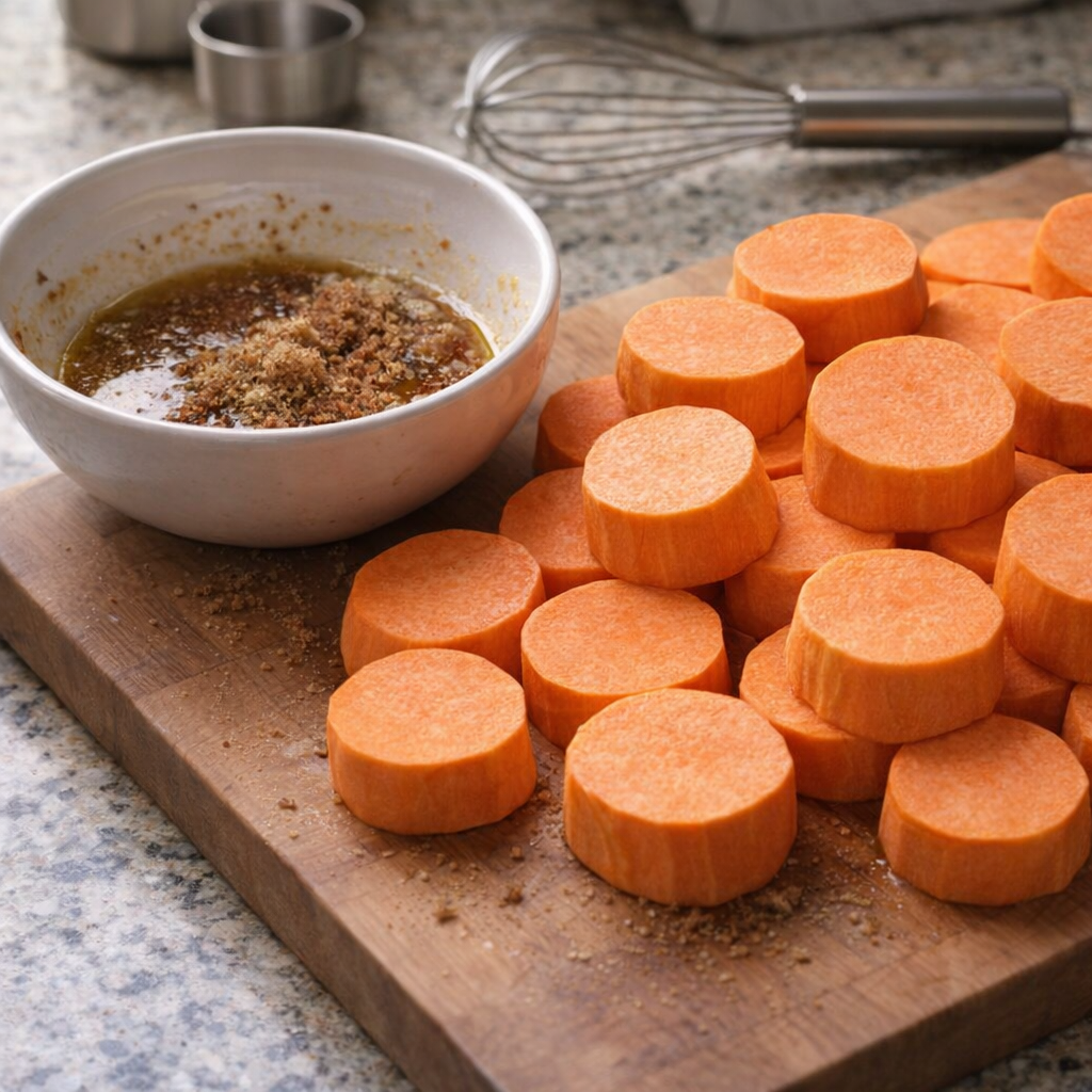 Sliced sweet potatoes and glaze ingredients