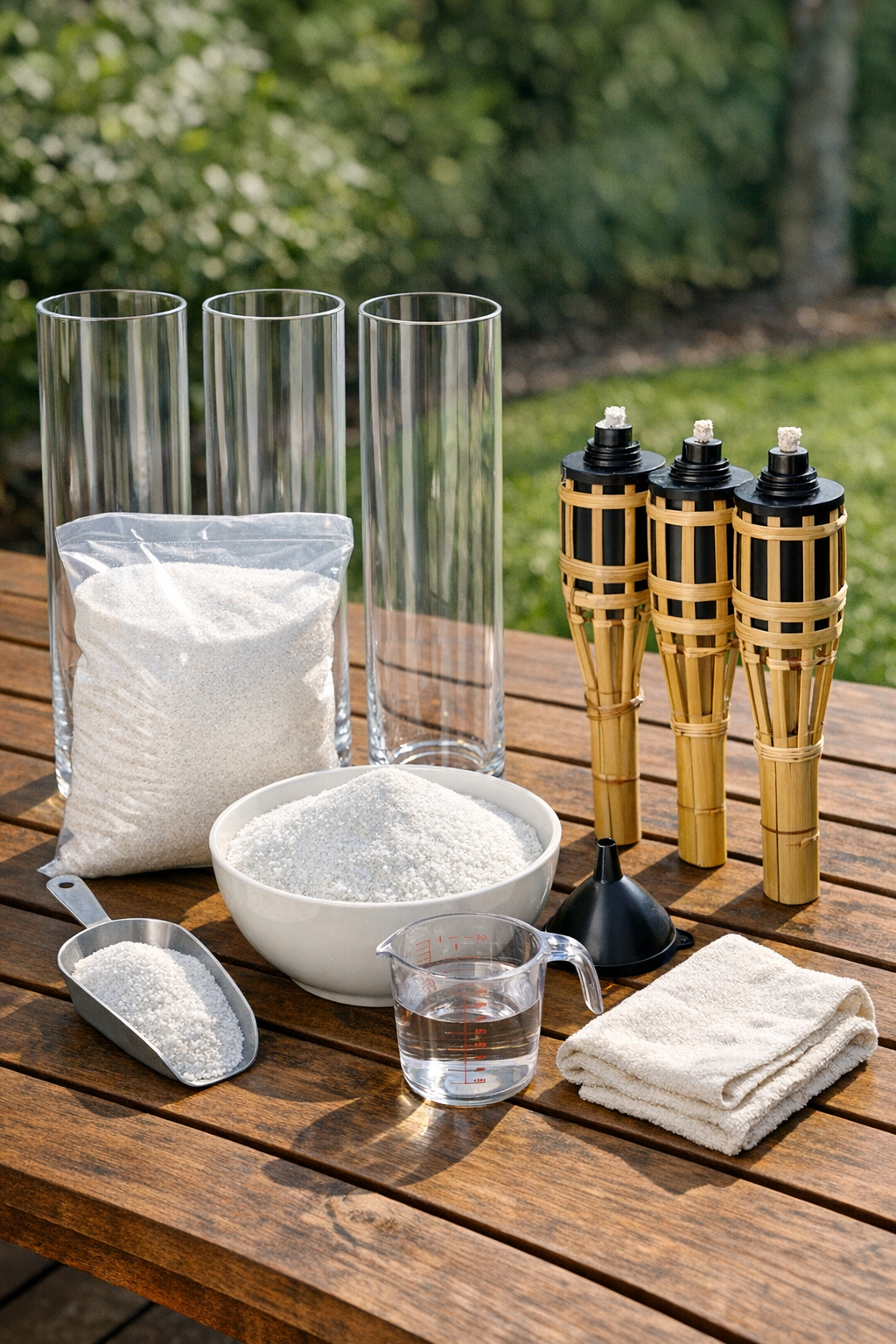 Materials for making glass vase bamboo torch holders laid out together