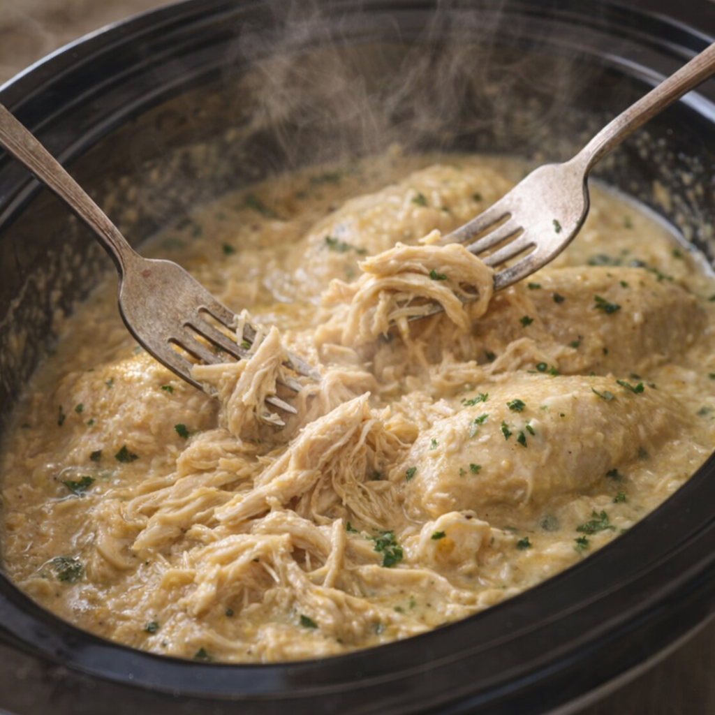 Tender chicken being shredded in the slow cooker