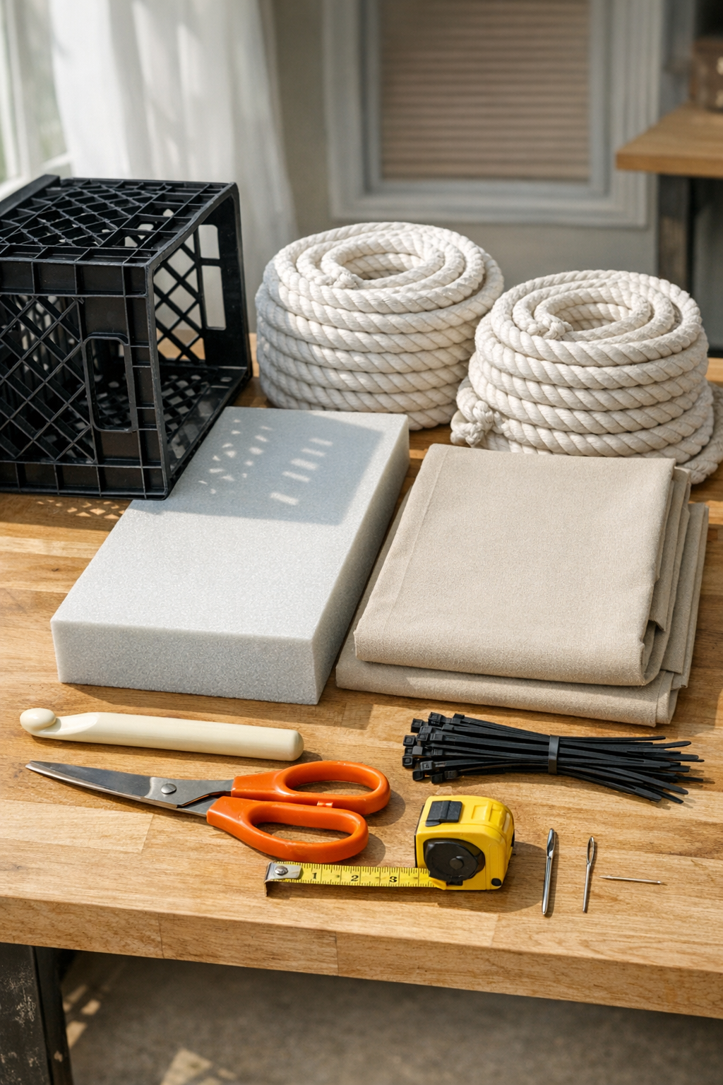 Materials for a rope-crocheted milk crate ottoman laid out together