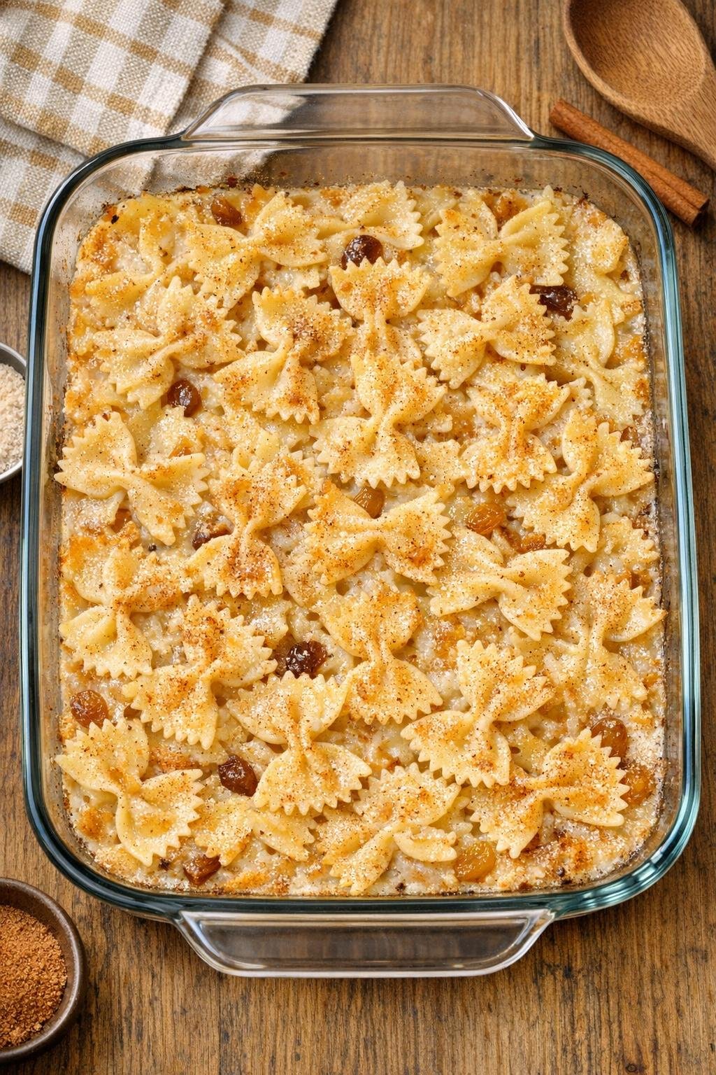 Baked sweet farfalle dessert in a glass casserole dish