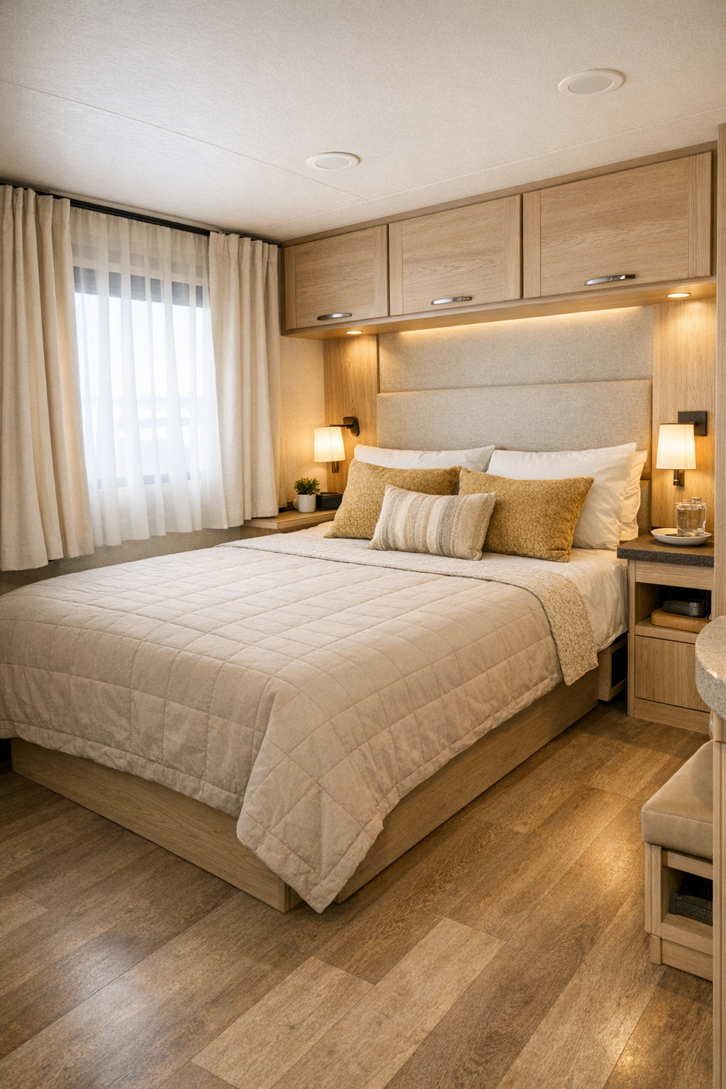 Serene accessible RV bedroom with low bed and warm neutral textiles