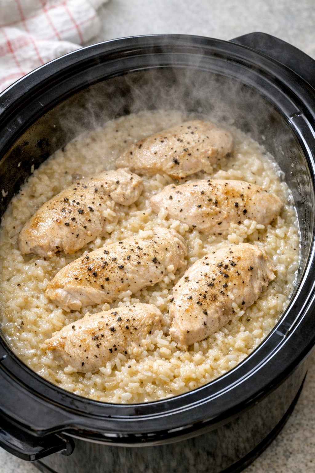 Cooked chicken in creamy sauce in the slow cooker