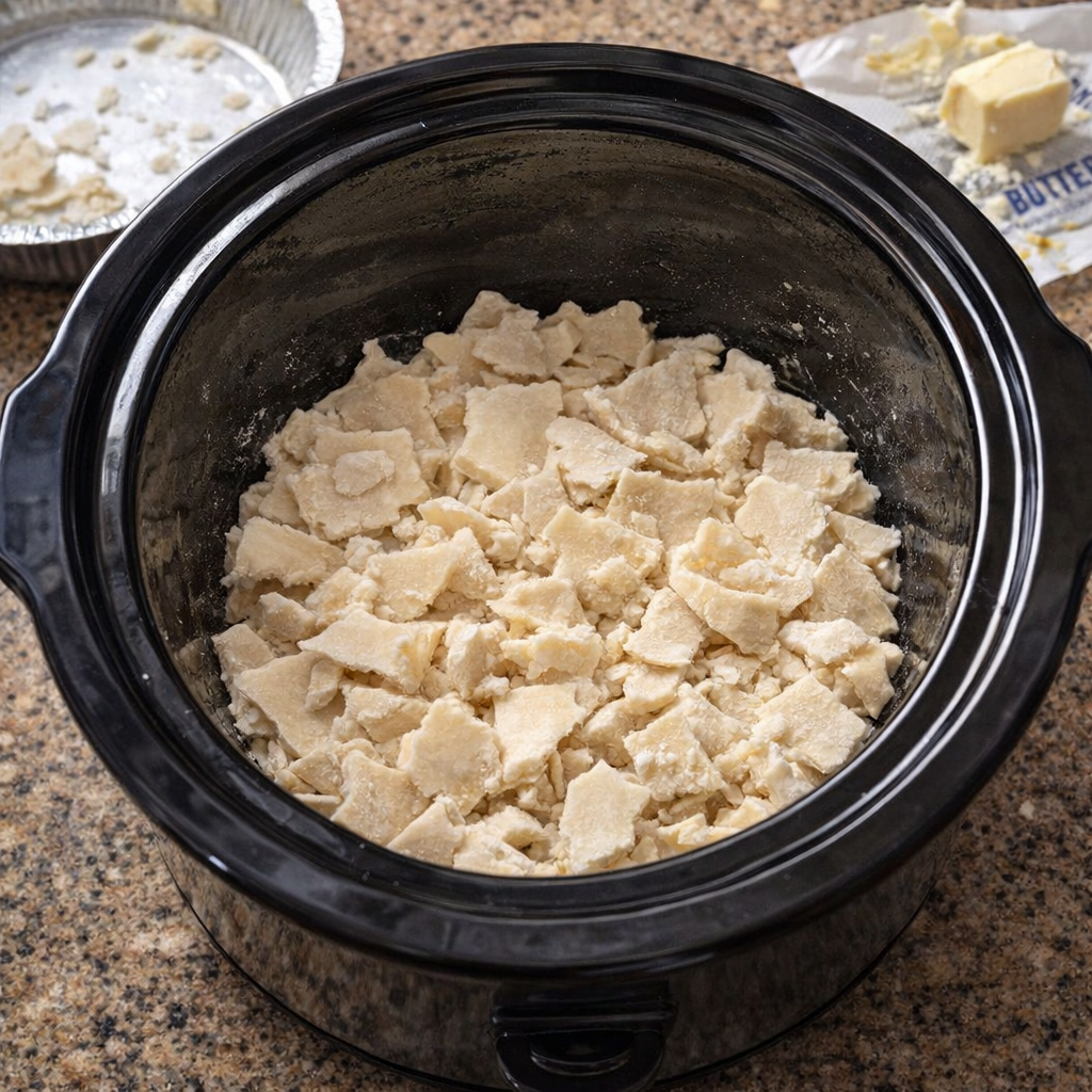 Broken frozen pie crust pieces layered in a slow cooker