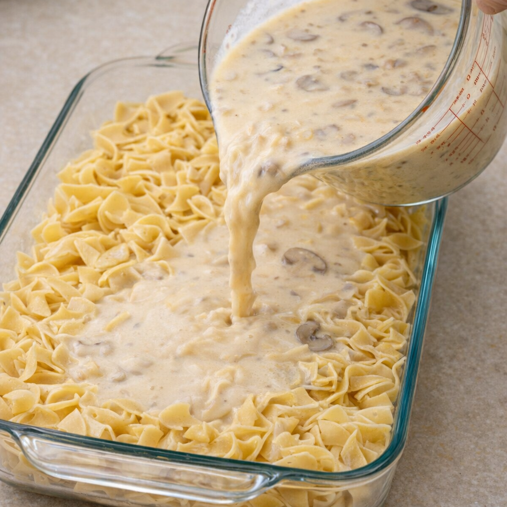 Broth and soup mixture being poured over noodles