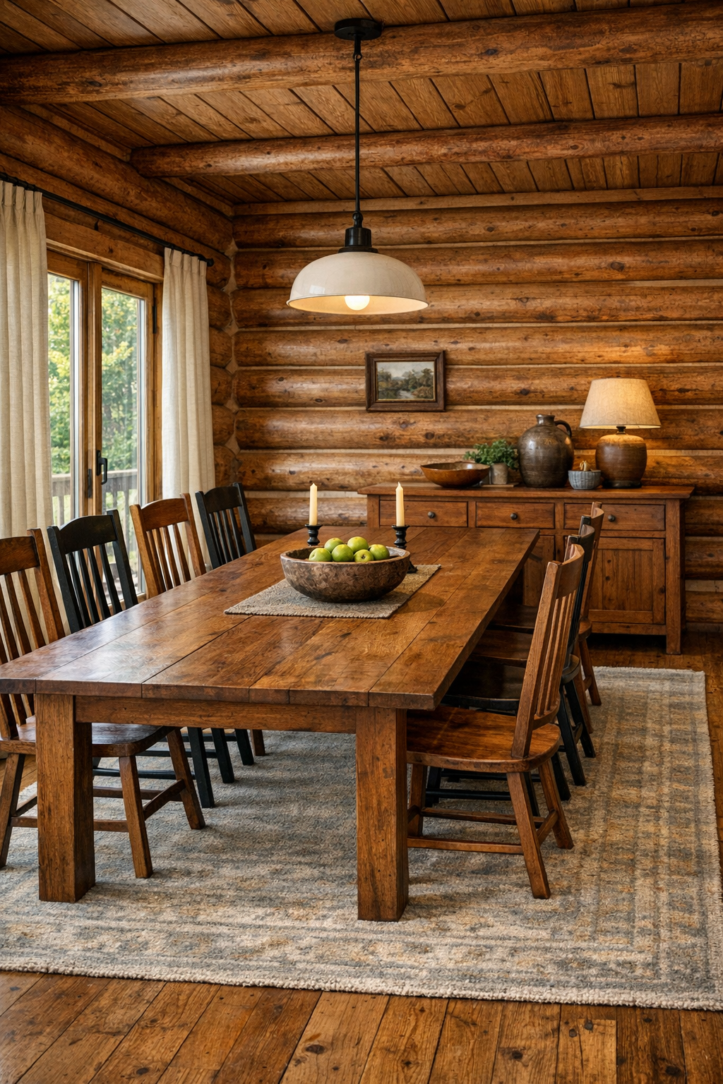 Dining room with a long handcrafted wood table, Amish-style chairs, and warm natural finishes