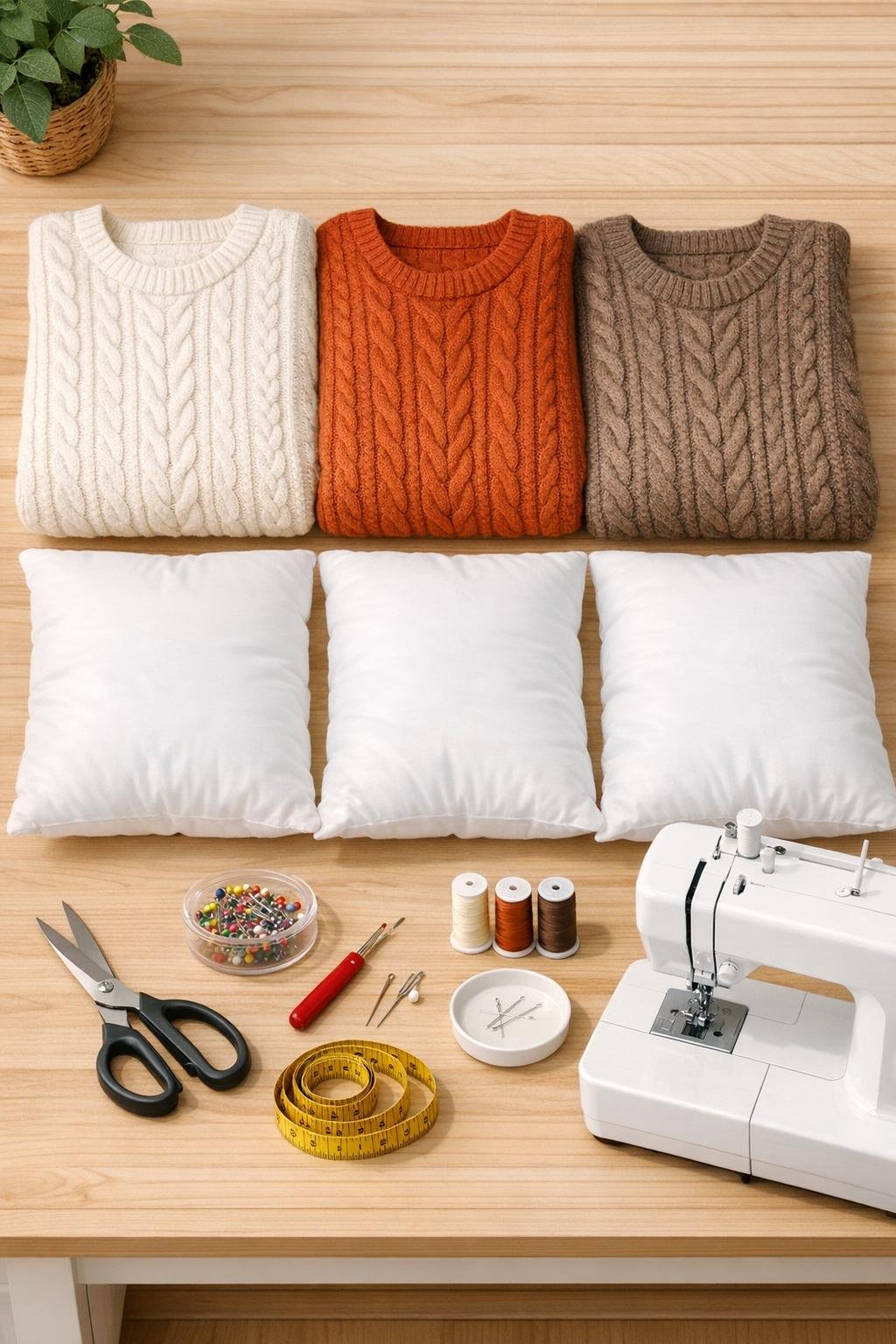 Materials for making three cable knit sweater throw pillows laid out on a table