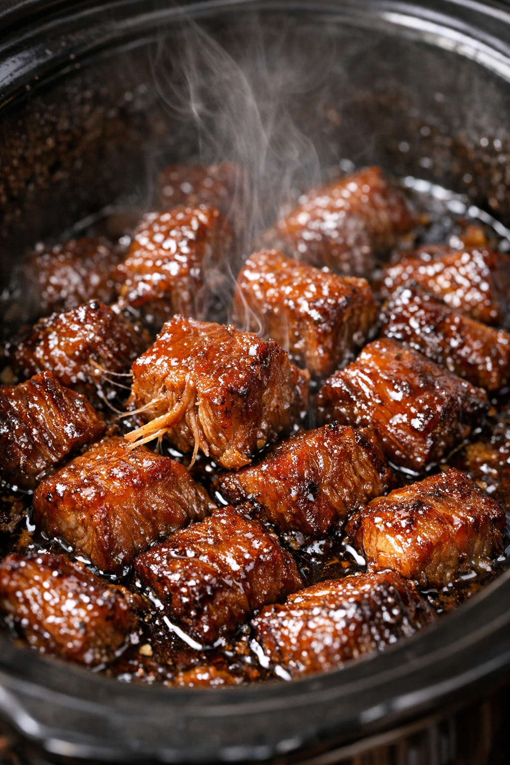 Caramelized pork in dark amber glaze in a slow cooker