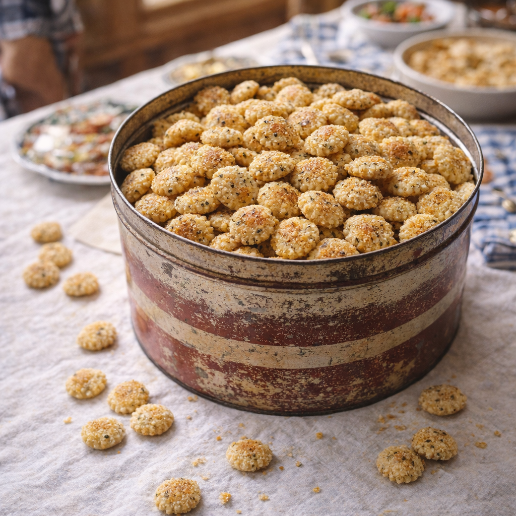 Vintage tin filled with ranch oyster crackers on a family reunion table