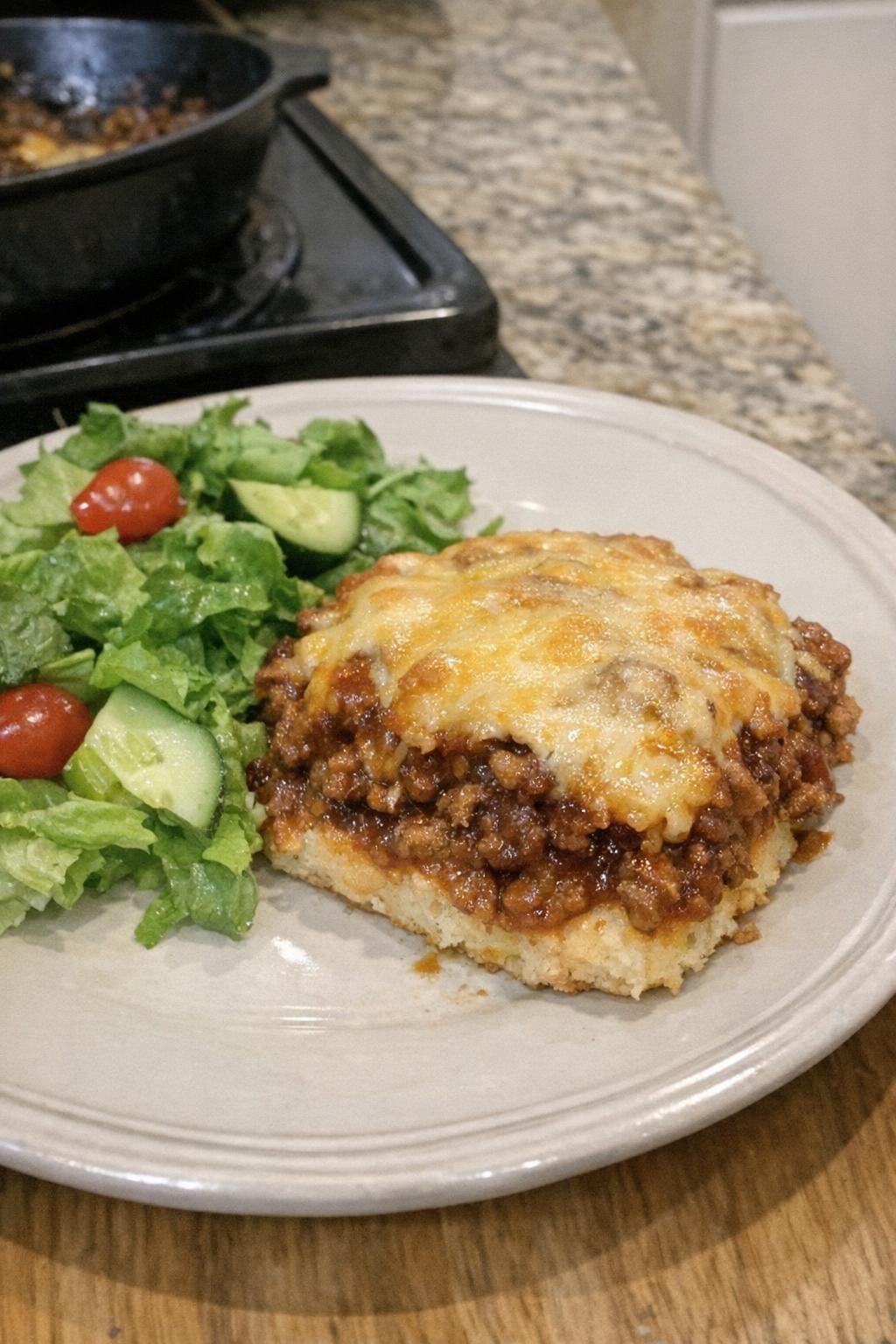 Plated serving of casserole with side salad