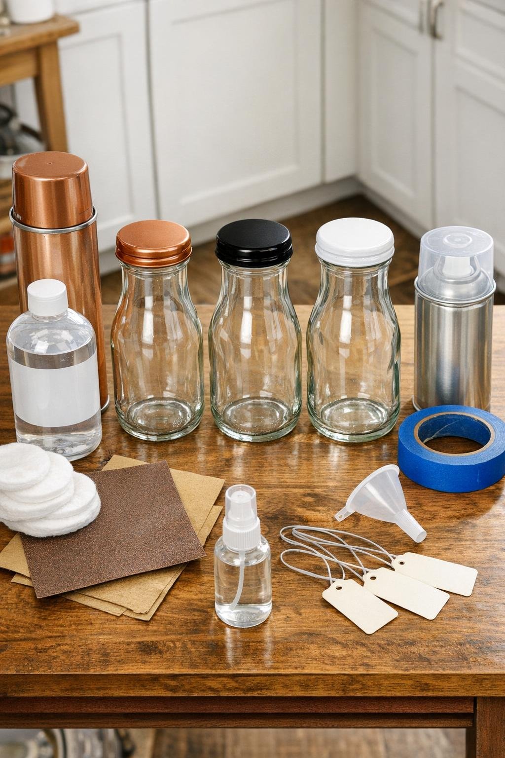 Glass creamer bottles, lids, paint, and supplies laid out for a fall kitchen storage project