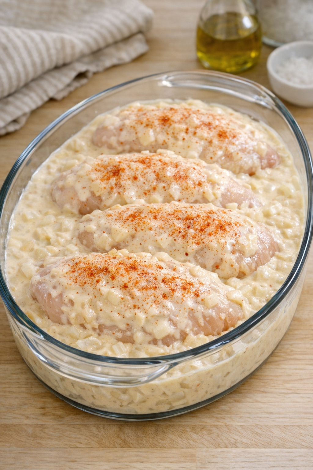 Chicken covered with creamy sauce and paprika before baking
