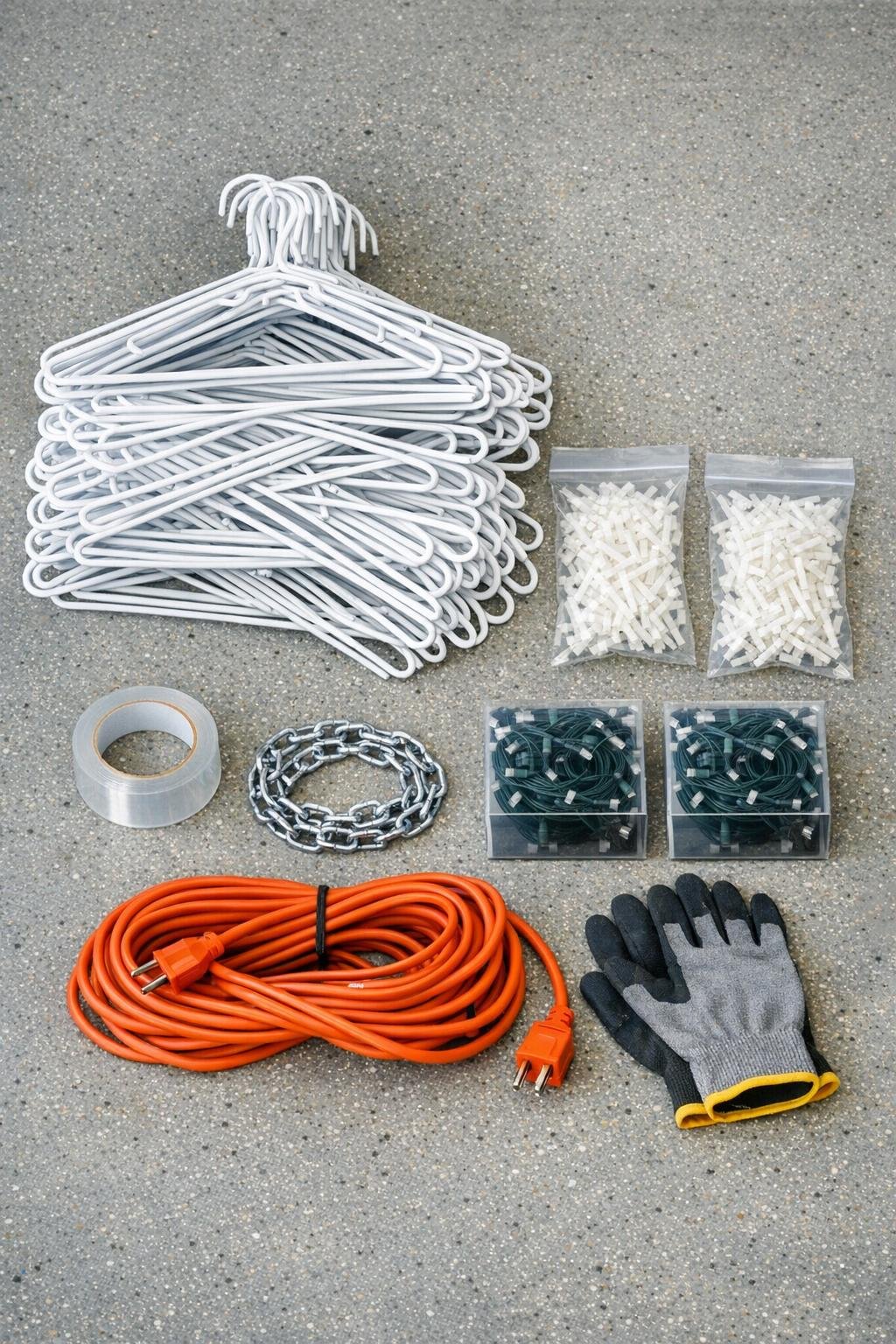 All materials for the wire hanger light sphere laid out on a garage floor