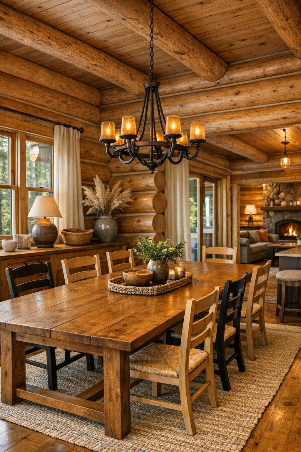 Handcrafted dining room with long wood table and warm cedar walls