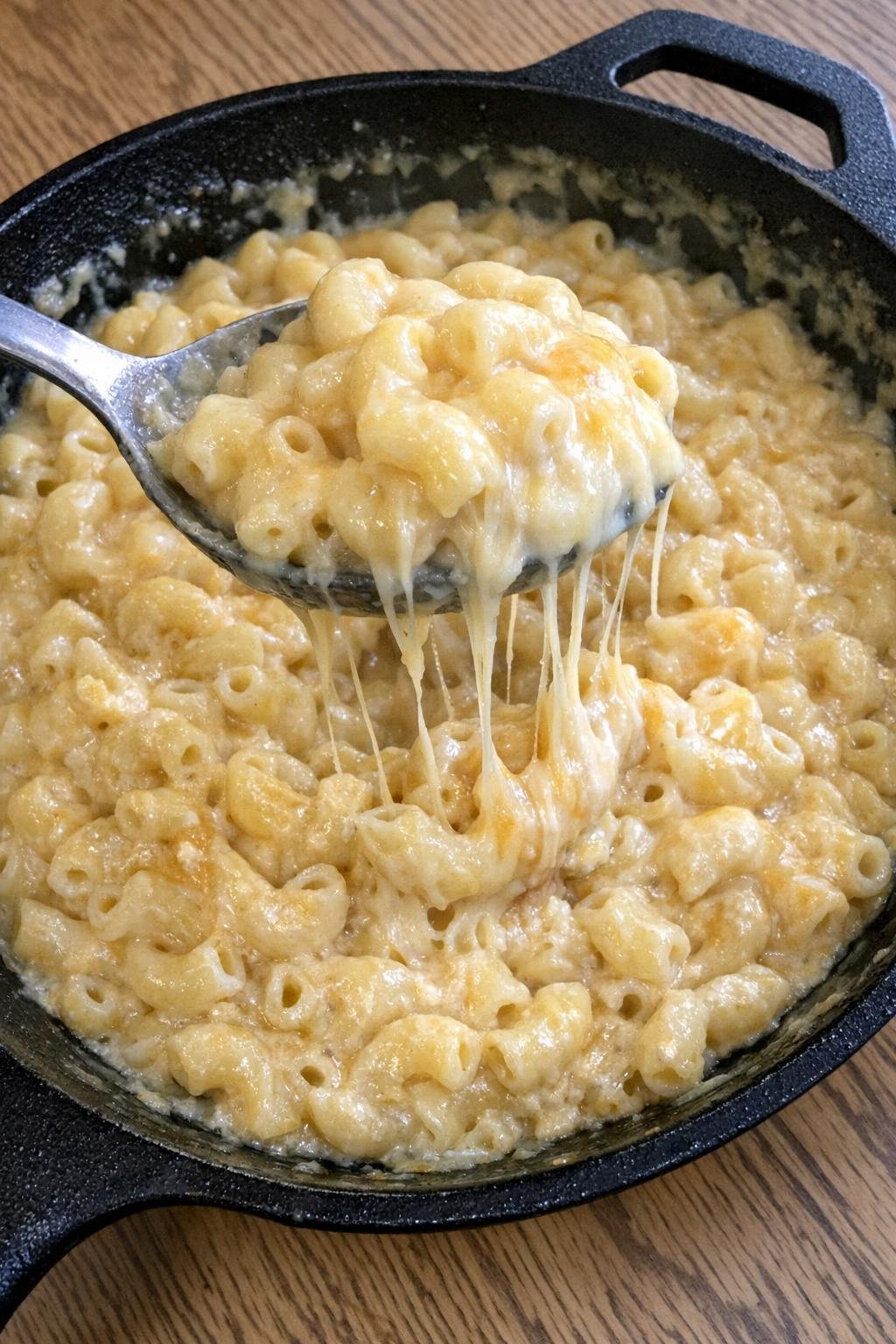 Creamy macaroni in a cast iron skillet with melted cheese stretching from a serving spoon