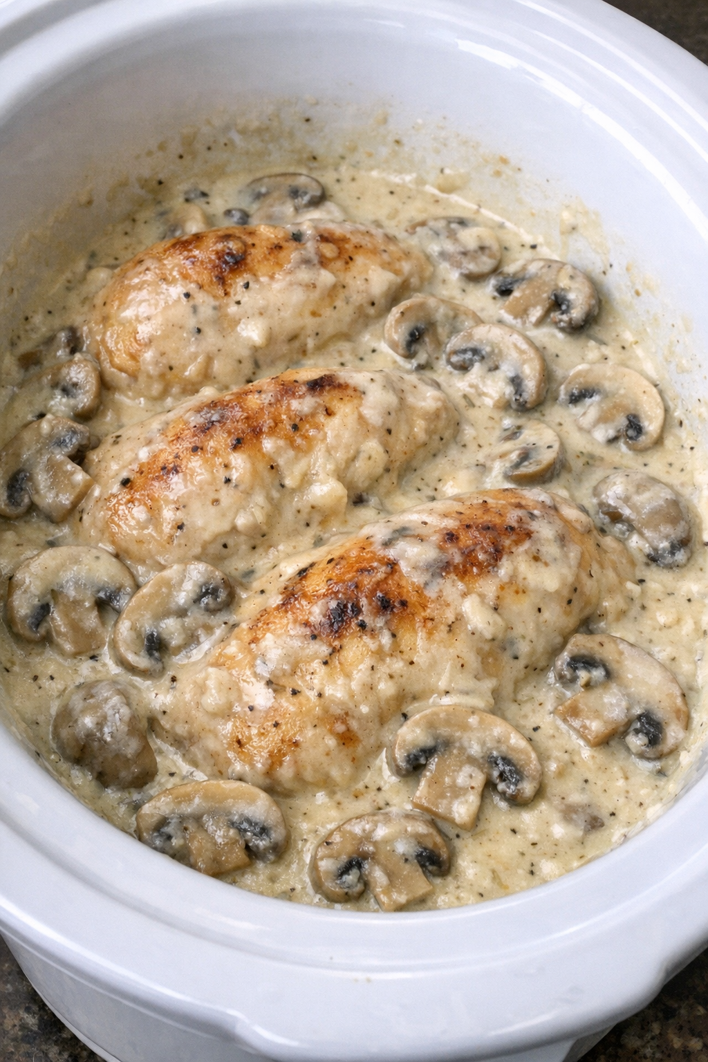 Slow cooker Amish chicken and mushrooms in a white slow cooker