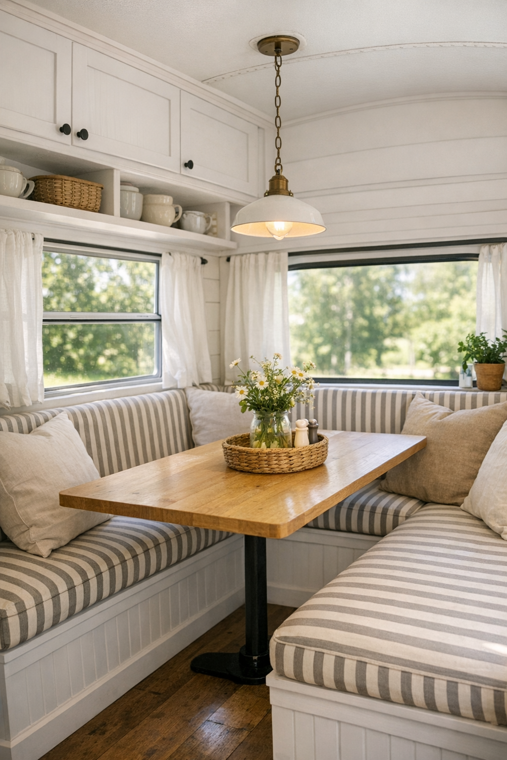 Sunny dining nook in a converted bus with a built-in banquette and slim wood table