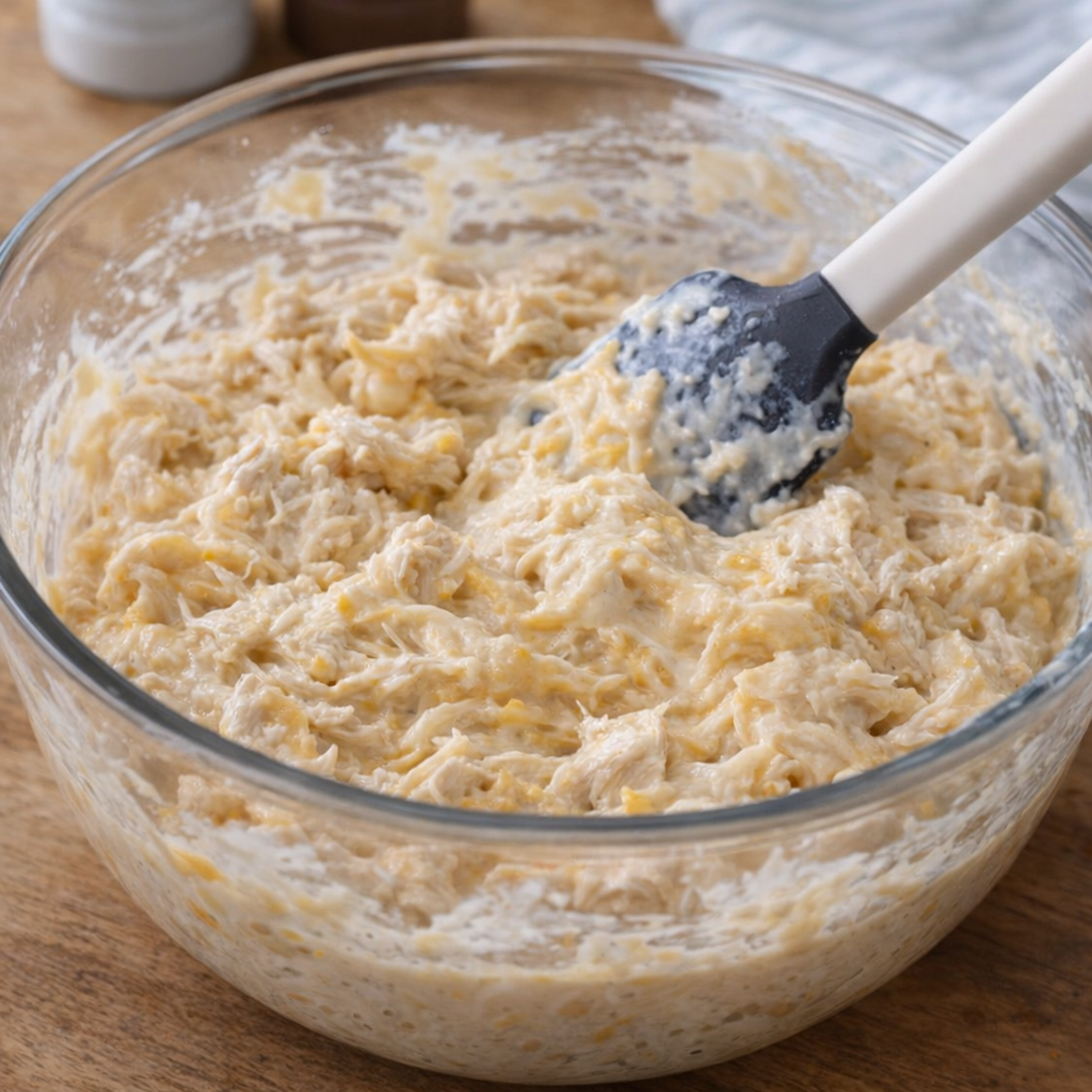 Chicken filling mixed in a bowl with cheddar