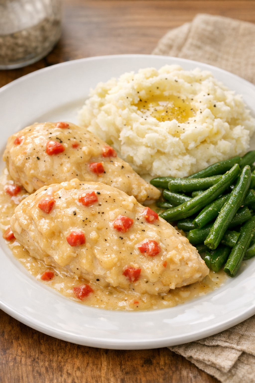Creamy slow cooker chicken with pimientos plated for serving