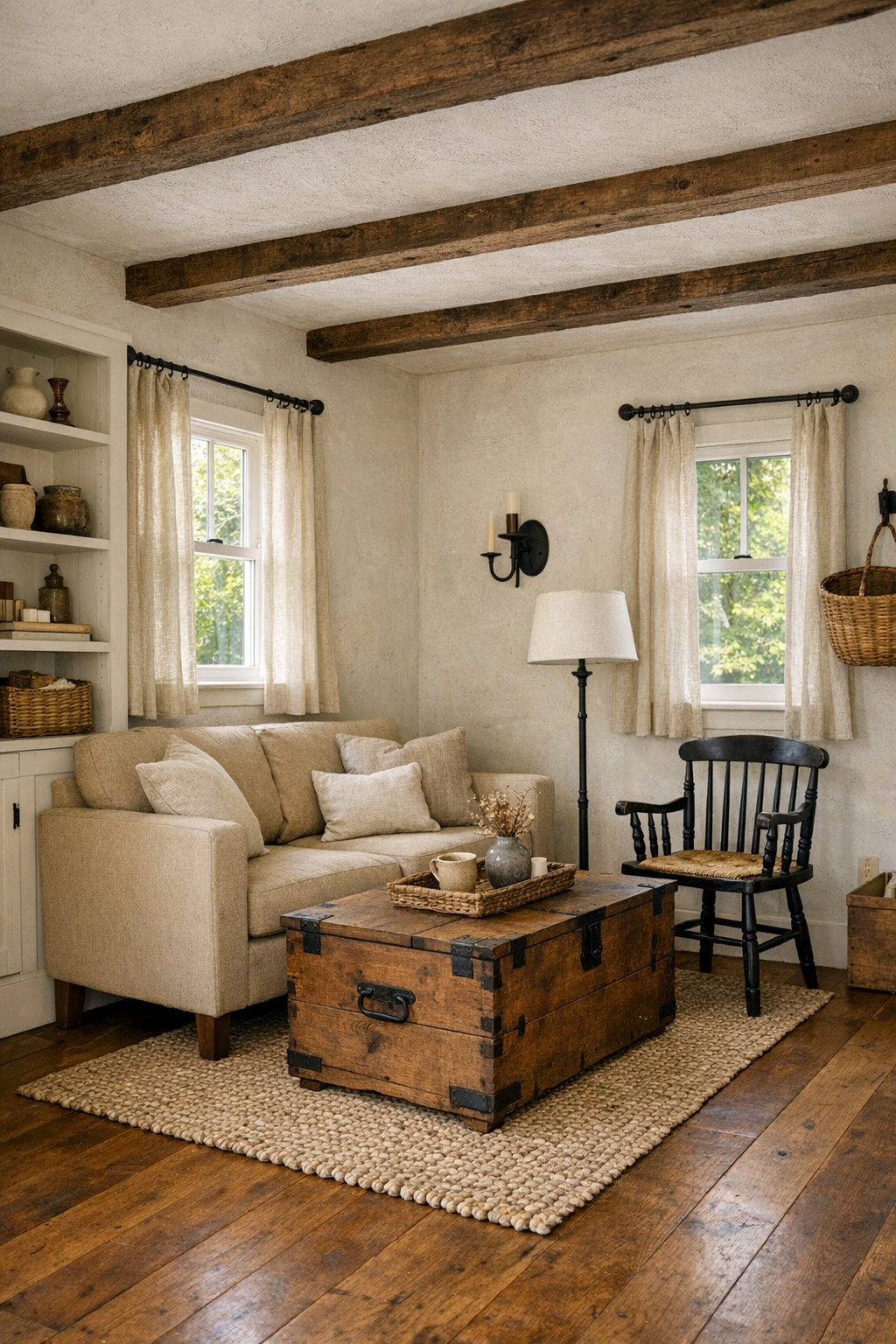Cozy tiny home living room with creamy walls, built-ins, and warm wood accents