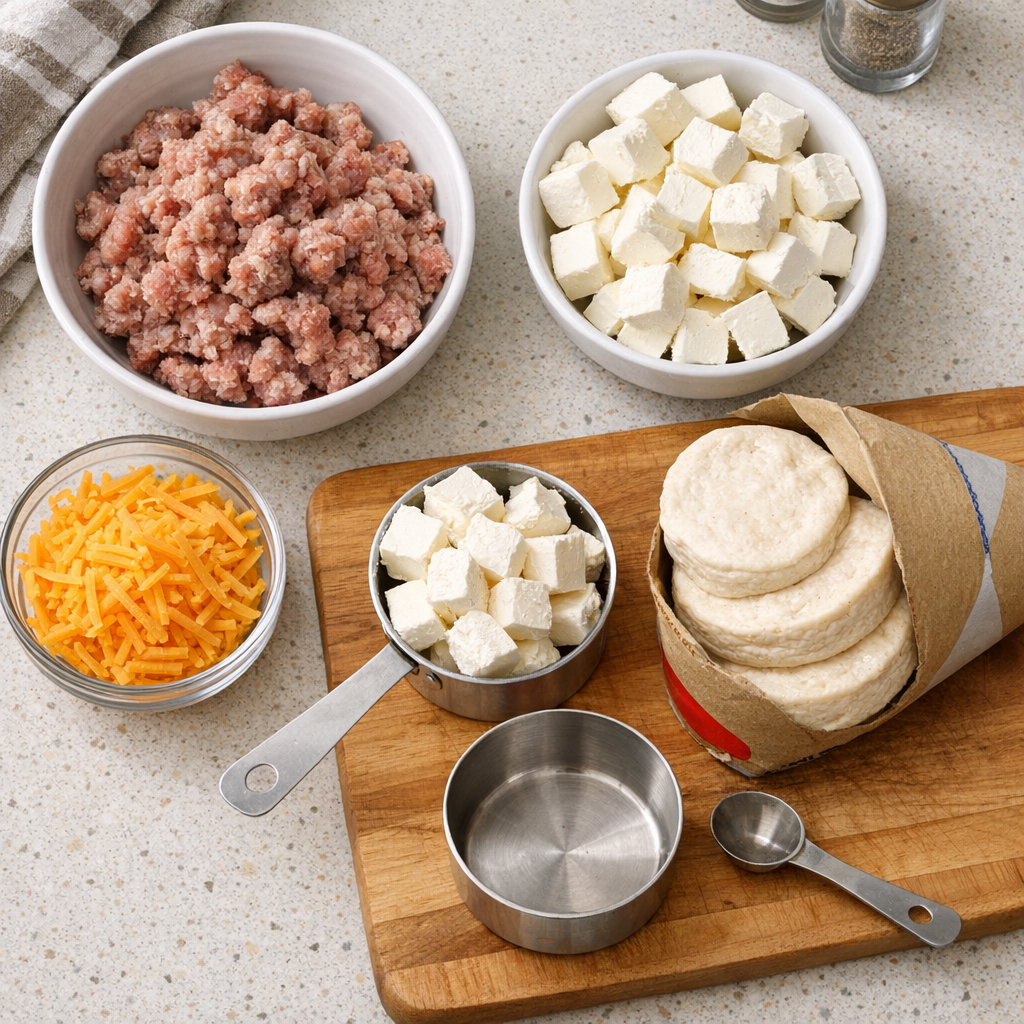 Ingredients for sausage cream cheese bites laid out on a counter