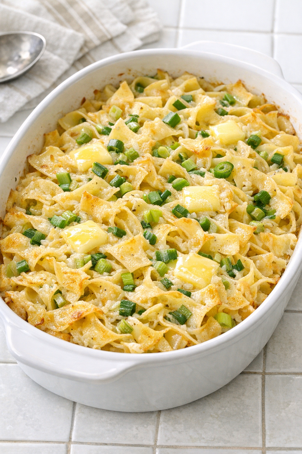 Finished Amish scallion noodle bake in a ceramic casserole dish