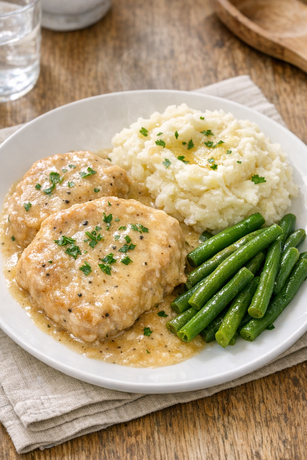Finished creamy slow cooker pork chops plated with mashed potatoes