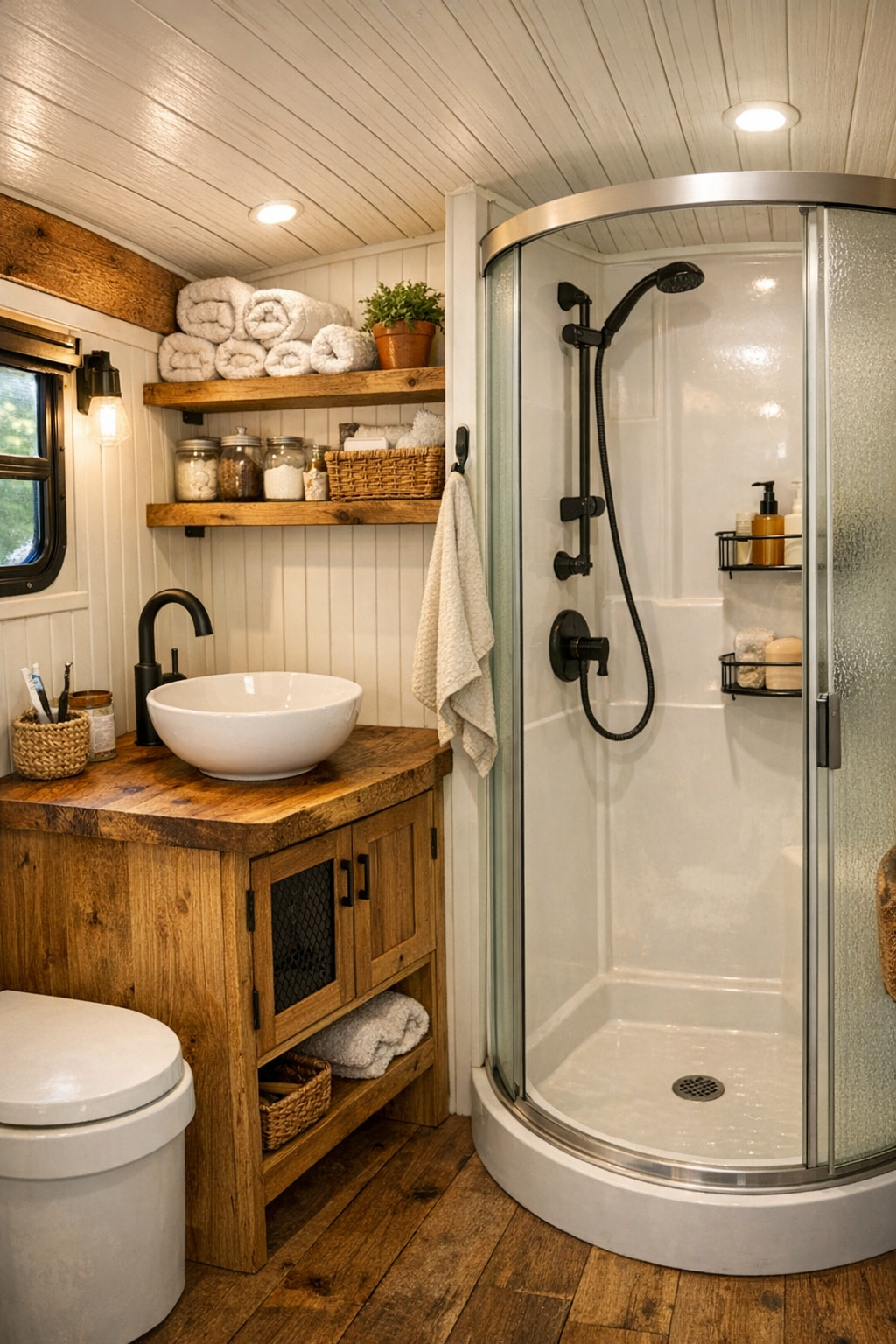 Small rustic bus bathroom with wood vanity and matte black fixtures