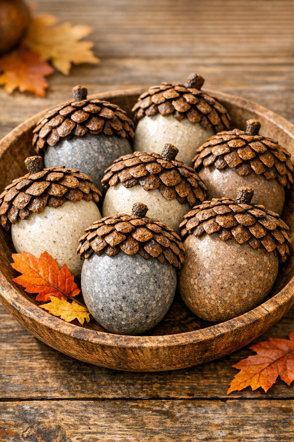 Finished faux-stone decorative fall acorns in a cozy autumn display