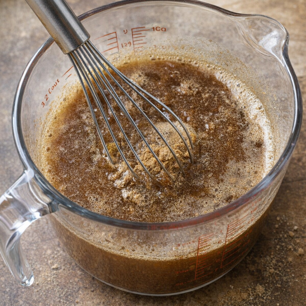 Gravy mix whisked with water in a measuring cup