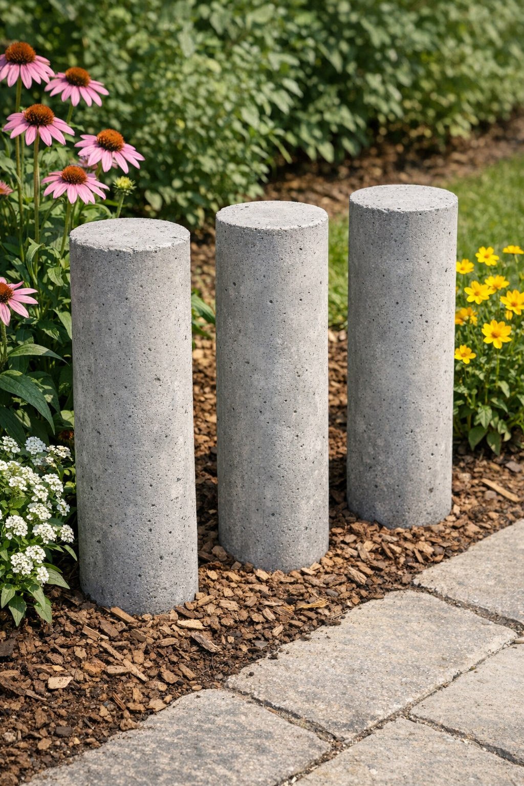 Finished heavy cement garden posts displayed in a garden bed