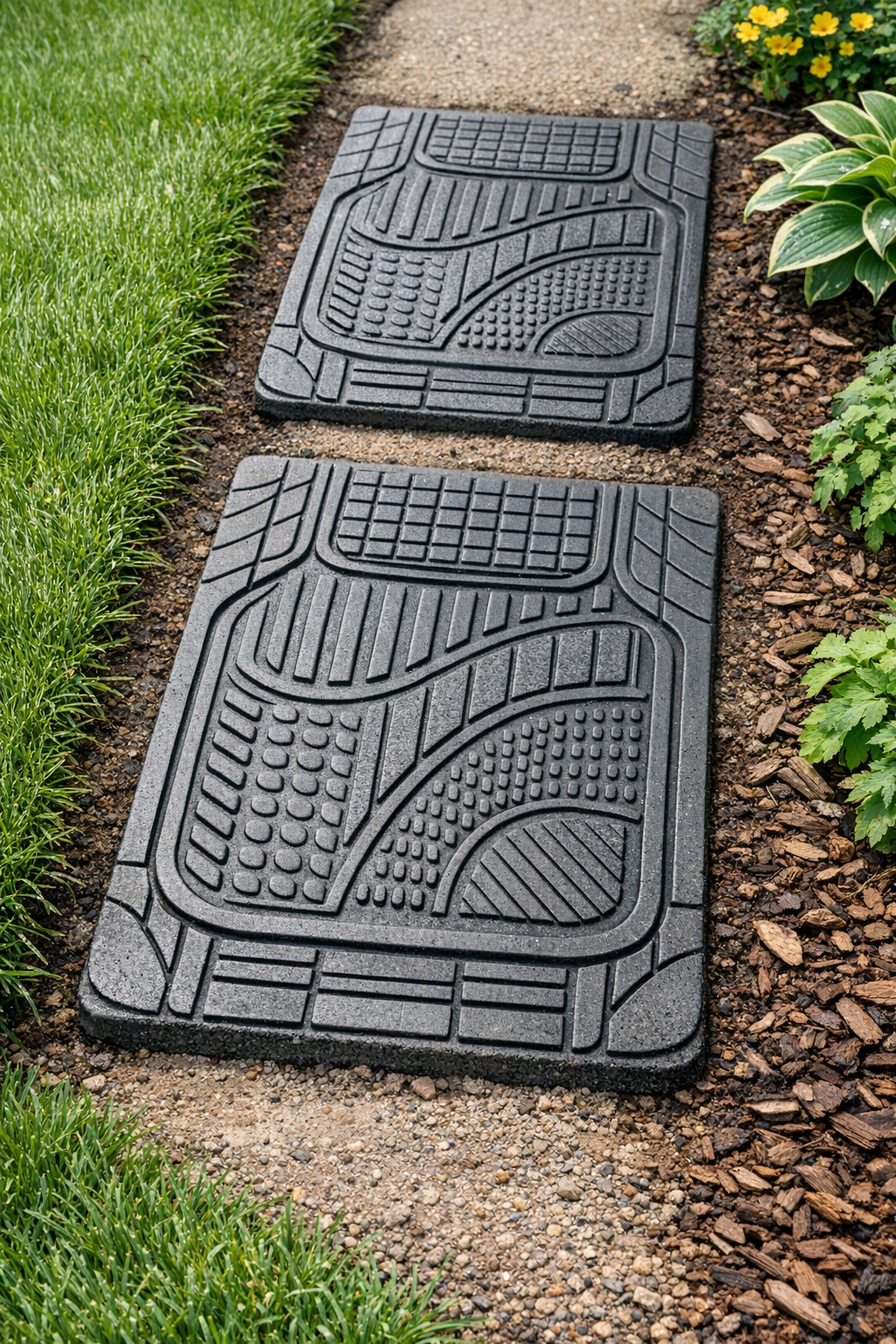 Finished embossed cement patio treads made from rubber car floor mats in a yard