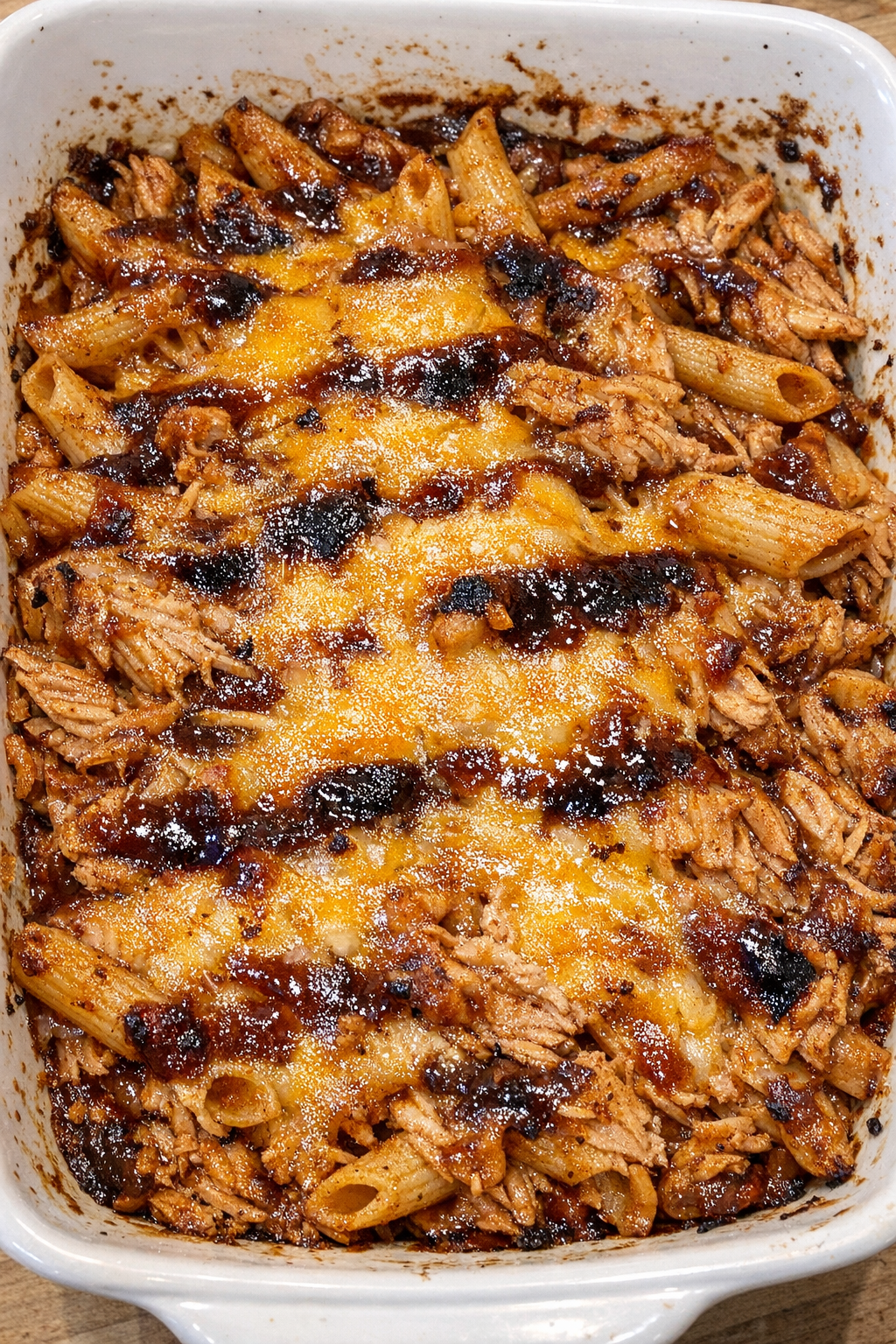 BBQ chicken penne casserole fresh from the oven
