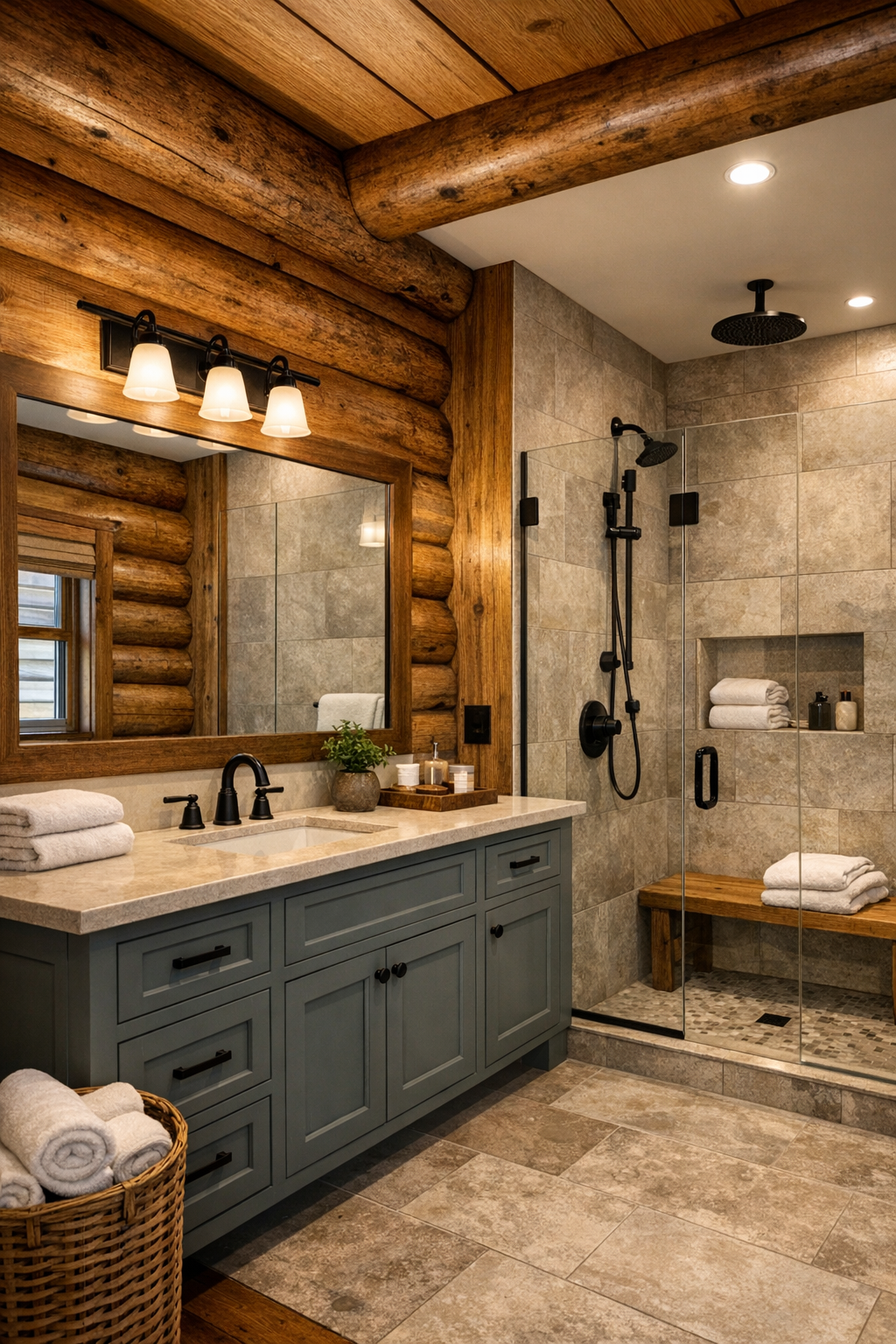 Spa-like rustic bathroom with pale stone and warm wood contrast