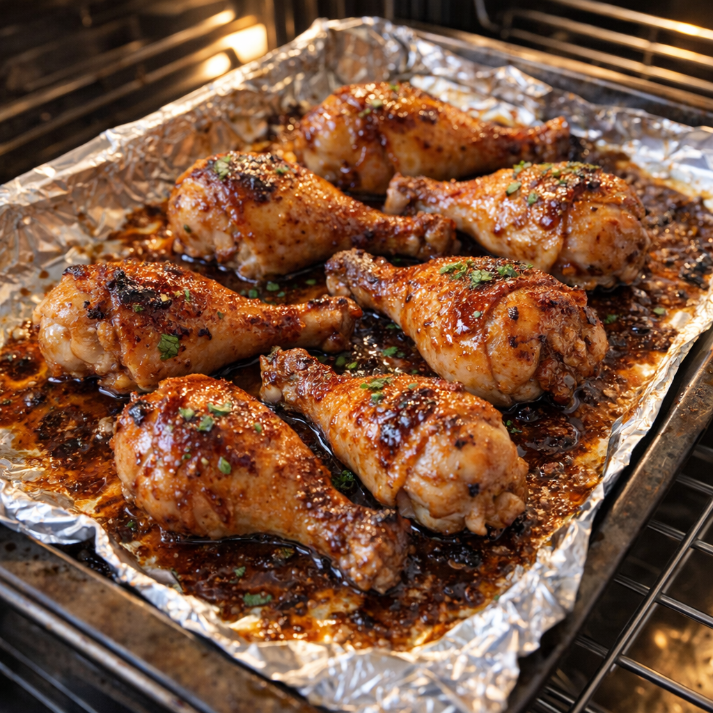 Broiled drumsticks on a foil-lined baking sheet